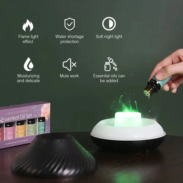 Flame Aromatherapy Humidifier with LED Color Flame Lamp - Home Style Essential Oil Diffuser