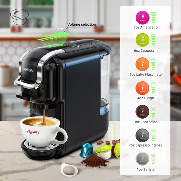 5-in-1 Capsule Coffee Machine - Hot/Cold, Dolce Gusto, Nespresso, ESE Pod, Ground Coffee - 19Bar