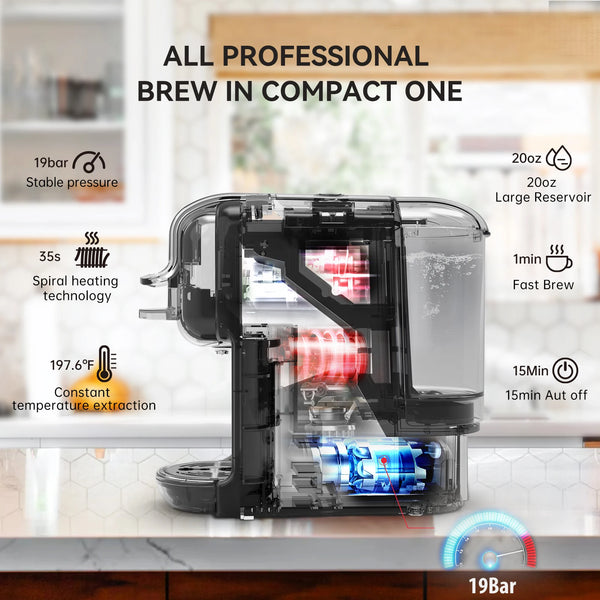 5-in-1 Capsule Coffee Machine - Hot/Cold, Dolce Gusto, Nespresso, ESE Pod, Ground Coffee - 19Bar
