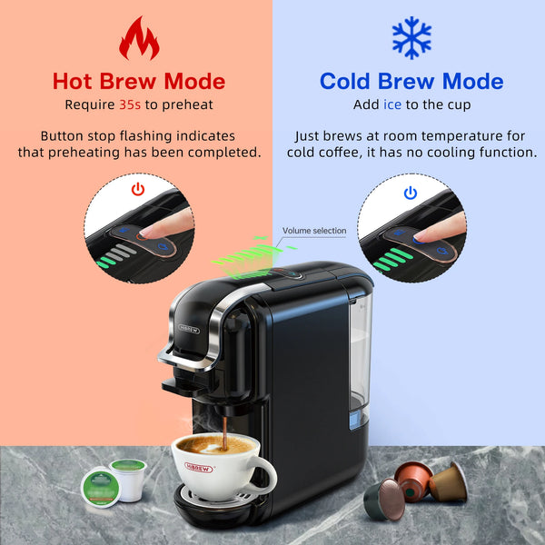 5-in-1 Capsule Coffee Machine - Hot/Cold, Dolce Gusto, Nespresso, ESE Pod, Ground Coffee - 19Bar