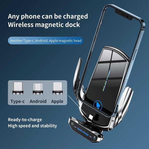Wireless Charger Car Phone Holder Stand - 15W Fast Charging Station for iPhone, Xiaomi, Samsung, Huawei - Magnetic Wireless Car Charger