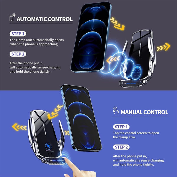 Wireless Charger Car Phone Holder Stand - 15W Fast Charging Station for iPhone, Xiaomi, Samsung, Huawei - Magnetic Wireless Car Charger