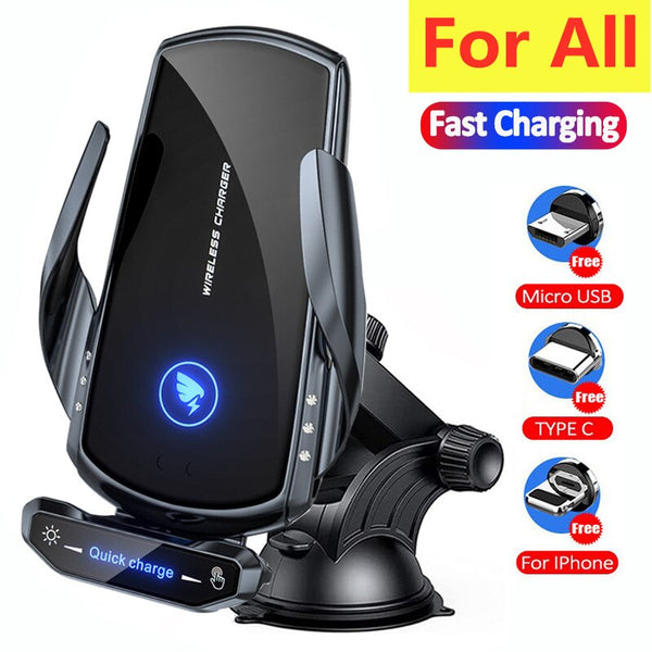 Wireless Charger Car Phone Holder Stand - 15W Fast Charging Station for iPhone, Xiaomi, Samsung, Huawei - Magnetic Wireless Car Charger