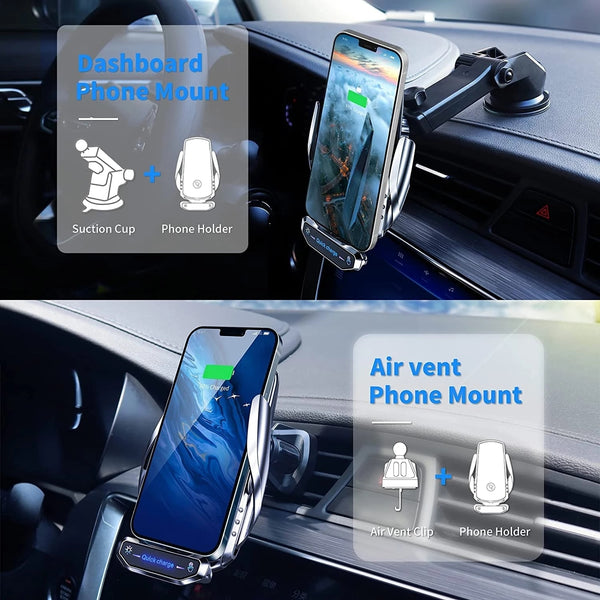Wireless Charger Car Phone Holder Stand - 15W Fast Charging Station for iPhone, Xiaomi, Samsung, Huawei - Magnetic Wireless Car Charger