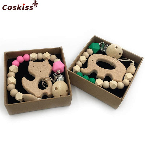 2pc Baby Teether Organic Wooden Animal Teether Natural Teething Grasping Toy Silicone Bead Toddler Teether Newborn DIY Baby Gift BPA FREE - Shopsteria