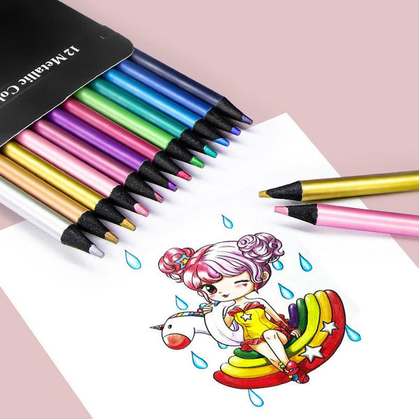 12 Color Metallic Colored Pencils Drawing Sketching Set Coloring Color Pencils Students Office Profession Art Painting Supplies - Shopsteria