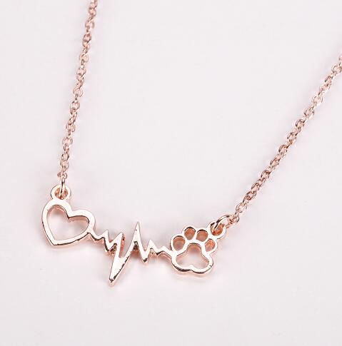 Pets Dogs Cats Footprints Paw Heart Chain Pendant Necklace - Shopsteria