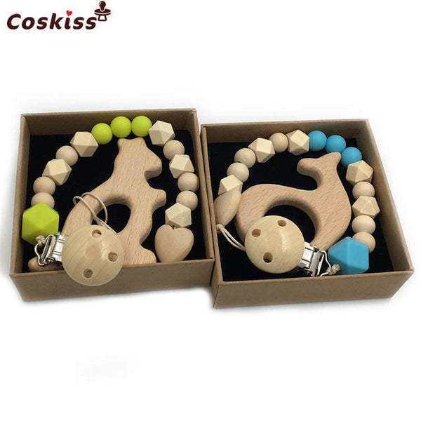 2pc Baby Teether Organic Wooden Animal Teether Natural Teething Grasping Toy Silicone Bead Toddler Teether Newborn DIY Baby Gift BPA FREE - Shopsteria