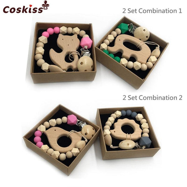 2pc Baby Teether Organic Wooden Animal Teether Natural Teething Grasping Toy Silicone Bead Toddler Teether Newborn DIY Baby Gift BPA FREE - Shopsteria