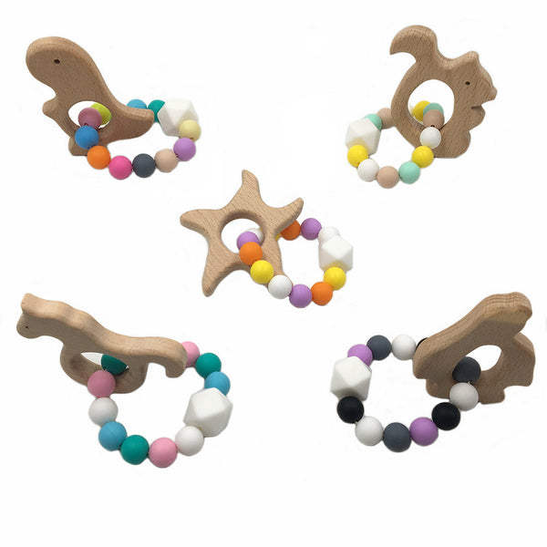 Baby Nursing Bracelets Wooden Teether Silicone Beads Teething Wood Rattles Toys Baby Bracelets Nursing Gift - Shopsteria