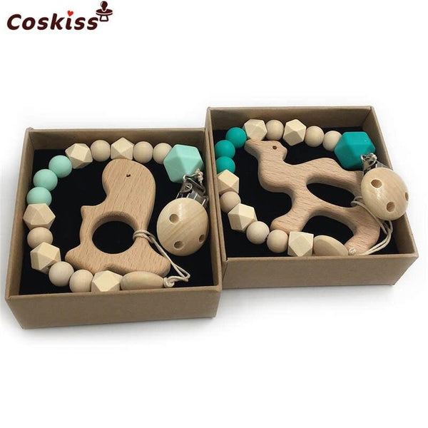2pc Baby Teether Organic Wooden Animal Teether Natural Teething Grasping Toy Silicone Bead Toddler Teether Newborn DIY Baby Gift BPA FREE - Shopsteria