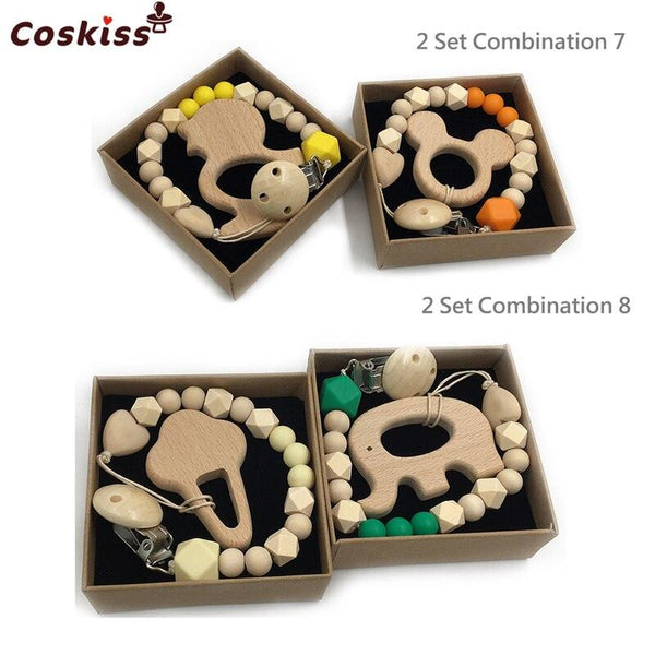 2pc Baby Teether Organic Wooden Animal Teether Natural Teething Grasping Toy Silicone Bead Toddler Teether Newborn DIY Baby Gift BPA FREE - Shopsteria
