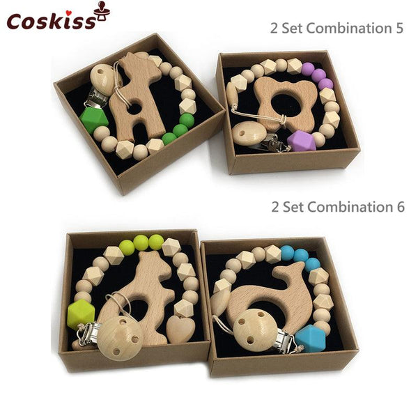 2pc Baby Teether Organic Wooden Animal Teether Natural Teething Grasping Toy Silicone Bead Toddler Teether Newborn DIY Baby Gift BPA FREE - Shopsteria