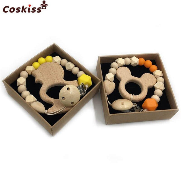 2pc Baby Teether Organic Wooden Animal Teether Natural Teething Grasping Toy Silicone Bead Toddler Teether Newborn DIY Baby Gift BPA FREE - Shopsteria