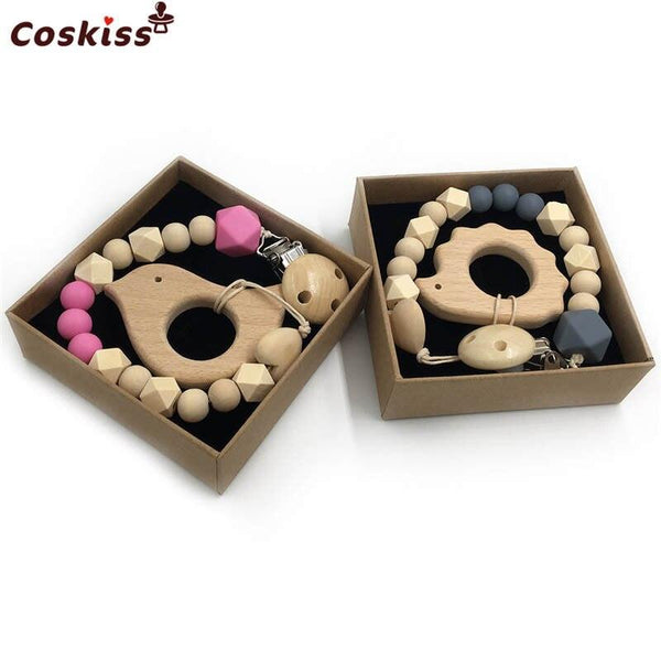 2pc Baby Teether Organic Wooden Animal Teether Natural Teething Grasping Toy Silicone Bead Toddler Teether Newborn DIY Baby Gift BPA FREE - Shopsteria