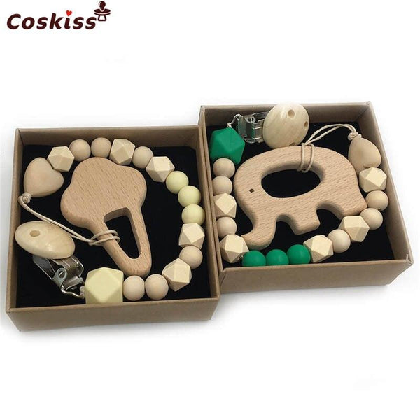 2pc Baby Teether Organic Wooden Animal Teether Natural Teething Grasping Toy Silicone Bead Toddler Teether Newborn DIY Baby Gift BPA FREE - Shopsteria