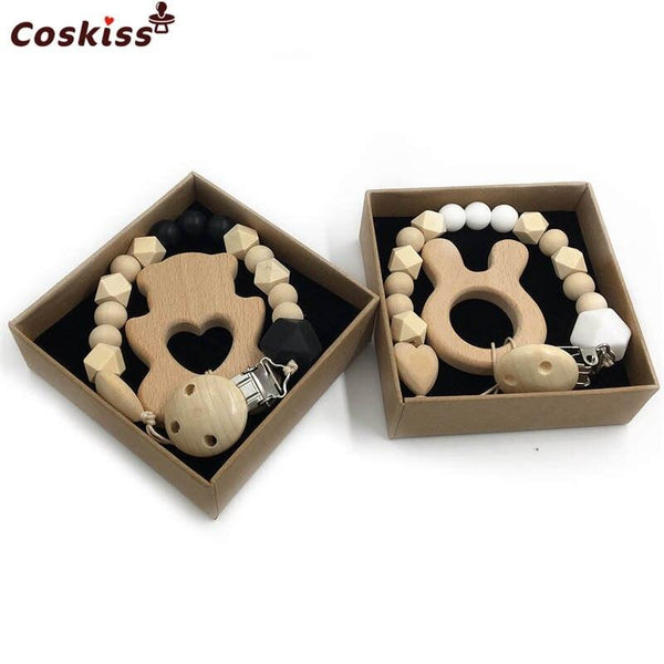 2pc Baby Teether Organic Wooden Animal Teether Natural Teething Grasping Toy Silicone Bead Toddler Teether Newborn DIY Baby Gift BPA FREE - Shopsteria