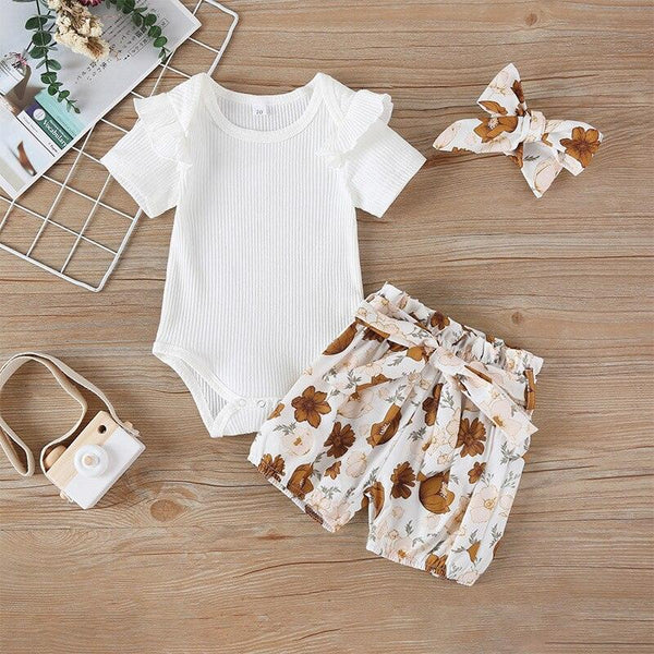 3Pcs Newborn Baby Romper + Shorts Pants Outfit Set - Shopsteria