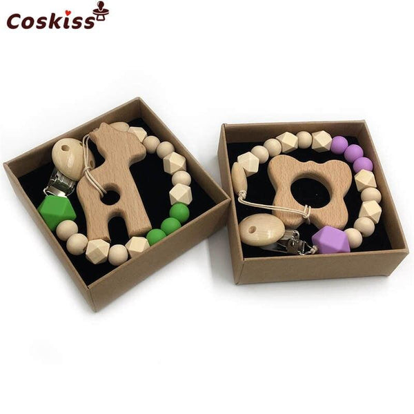 2pc Baby Teether Organic Wooden Animal Teether Natural Teething Grasping Toy Silicone Bead Toddler Teether Newborn DIY Baby Gift BPA FREE - Shopsteria