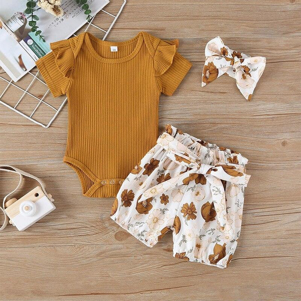 3Pcs Newborn Baby Romper + Shorts Pants Outfit Set - Shopsteria