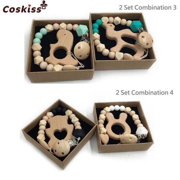 2pc Baby Teether Organic Wooden Animal Teether Natural Teething Grasping Toy Silicone Bead Toddler Teether Newborn DIY Baby Gift BPA FREE - Shopsteria
