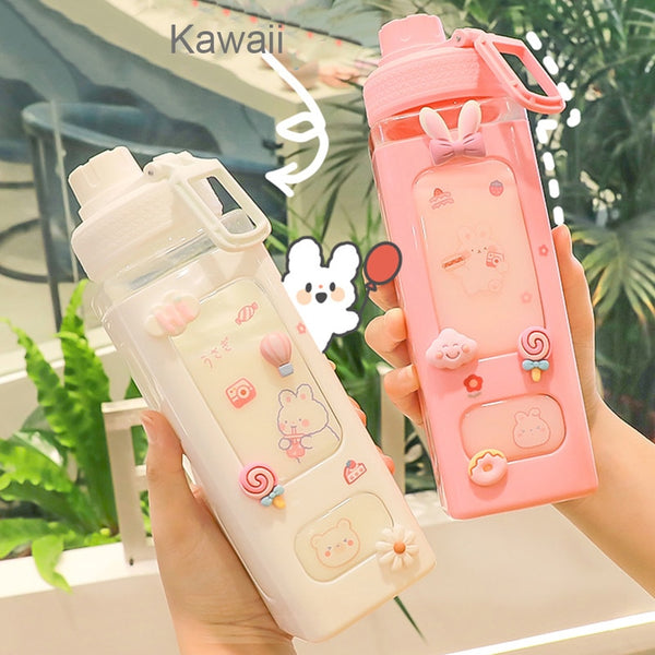 Bear Pastel Water Bottle With 3D Sticker 700ml/900ml Travel Tea Juice Milk Portable Cute Shaker Drink Bottle Gift - Shopsteria
