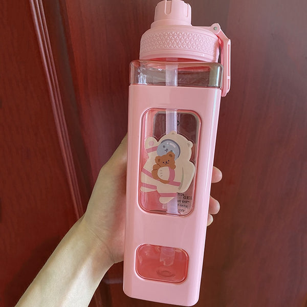 Bear Pastel Water Bottle With 3D Sticker 700ml/900ml Travel Tea Juice Milk Portable Cute Shaker Drink Bottle Gift - Shopsteria