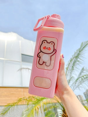 Bear Pastel Water Bottle With 3D Sticker 700ml/900ml Travel Tea Juice Milk Portable Cute Shaker Drink Bottle Gift - Shopsteria