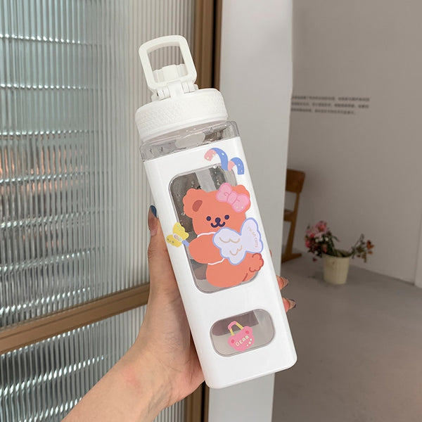 Bear Pastel Water Bottle With 3D Sticker 700ml/900ml Travel Tea Juice Milk Portable Cute Shaker Drink Bottle Gift - Shopsteria
