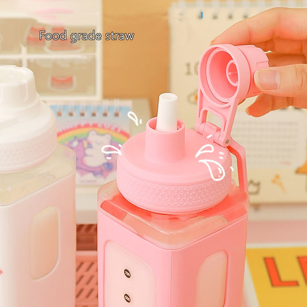 Bear Pastel Water Bottle With 3D Sticker 700ml/900ml Travel Tea Juice Milk Portable Cute Shaker Drink Bottle Gift - Shopsteria