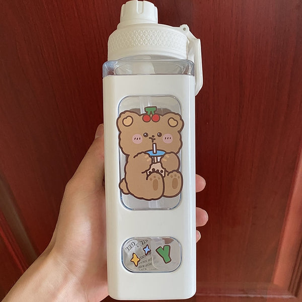 Bear Pastel Water Bottle With 3D Sticker 700ml/900ml Travel Tea Juice Milk Portable Cute Shaker Drink Bottle Gift - Shopsteria