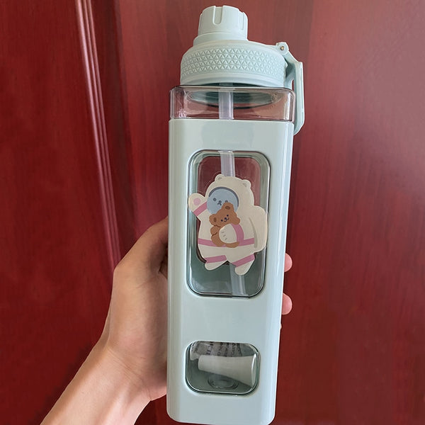 Bear Pastel Water Bottle With 3D Sticker 700ml/900ml Travel Tea Juice Milk Portable Cute Shaker Drink Bottle Gift - Shopsteria