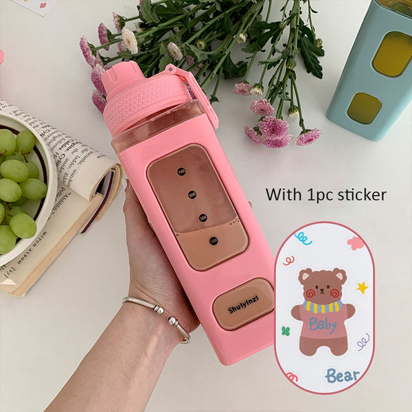 Bear Pastel Water Bottle With 3D Sticker 700ml/900ml Travel Tea Juice Milk Portable Cute Shaker Drink Bottle Gift - Shopsteria
