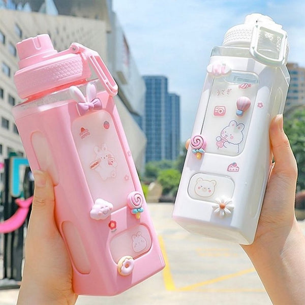 Bear Pastel Water Bottle With 3D Sticker 700ml/900ml Travel Tea Juice Milk Portable Cute Shaker Drink Bottle Gift - Shopsteria