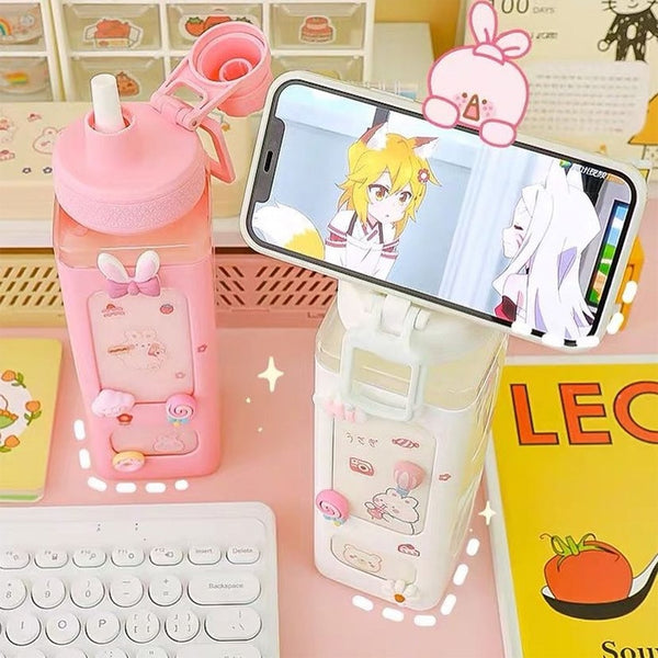 Bear Pastel Water Bottle With 3D Sticker 700ml/900ml Travel Tea Juice Milk Portable Cute Shaker Drink Bottle Gift - Shopsteria