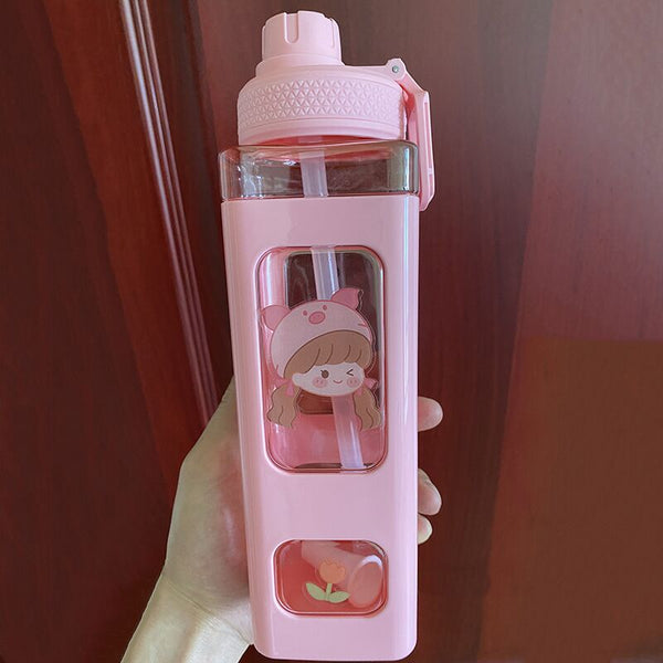 Bear Pastel Water Bottle With 3D Sticker 700ml/900ml Travel Tea Juice Milk Portable Cute Shaker Drink Bottle Gift - Shopsteria