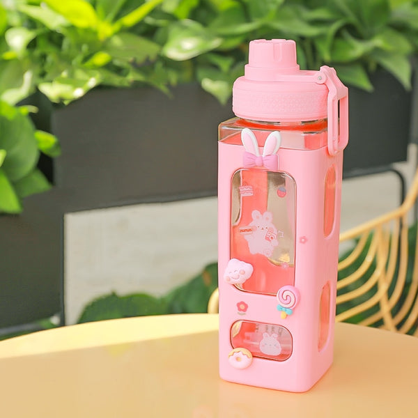 Bear Pastel Water Bottle With 3D Sticker 700ml/900ml Travel Tea Juice Milk Portable Cute Shaker Drink Bottle Gift - Shopsteria