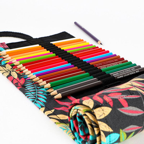 Tree Leaf 12/24/36/48/72 Holes Canvas Roll  Pencil Bag Case Wrap Holder Storage Pouch School Supplies - Shopsteria