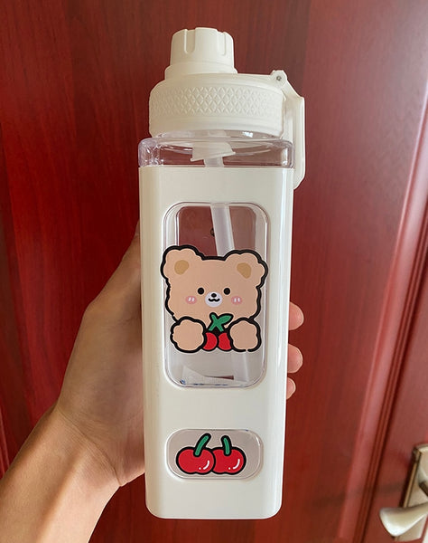 Bear Pastel Water Bottle With 3D Sticker 700ml/900ml Travel Tea Juice Milk Portable Cute Shaker Drink Bottle Gift - Shopsteria