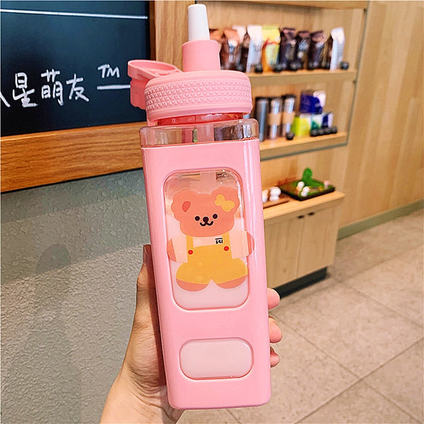 Bear Pastel Water Bottle With 3D Sticker 700ml/900ml Travel Tea Juice Milk Portable Cute Shaker Drink Bottle Gift - Shopsteria