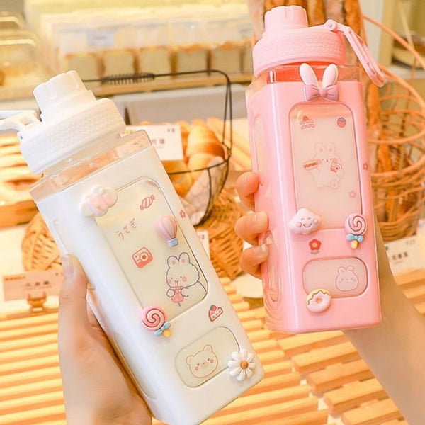 Bear Pastel Water Bottle With 3D Sticker 700ml/900ml Travel Tea Juice Milk Portable Cute Shaker Drink Bottle Gift - Shopsteria