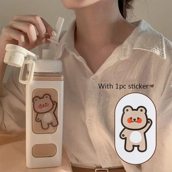 Bear Pastel Water Bottle With 3D Sticker 700ml/900ml Travel Tea Juice Milk Portable Cute Shaker Drink Bottle Gift - Shopsteria