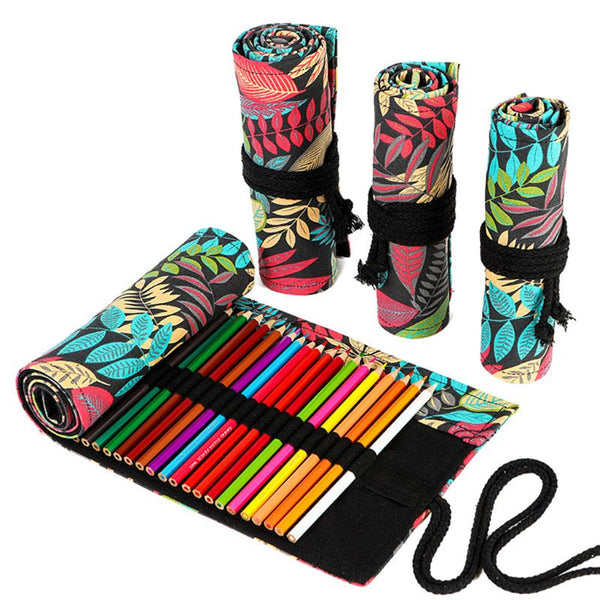 Tree Leaf 12/24/36/48/72 Holes Canvas Roll  Pencil Bag Case Wrap Holder Storage Pouch School Supplies - Shopsteria