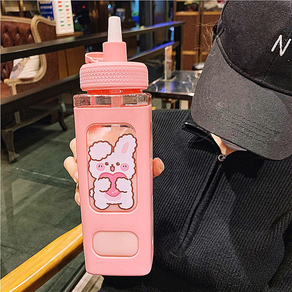 Bear Pastel Water Bottle With 3D Sticker 700ml/900ml Travel Tea Juice Milk Portable Cute Shaker Drink Bottle Gift - Shopsteria
