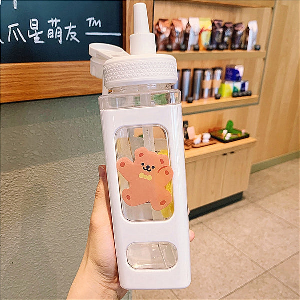 Bear Pastel Water Bottle With 3D Sticker 700ml/900ml Travel Tea Juice Milk Portable Cute Shaker Drink Bottle Gift - Shopsteria