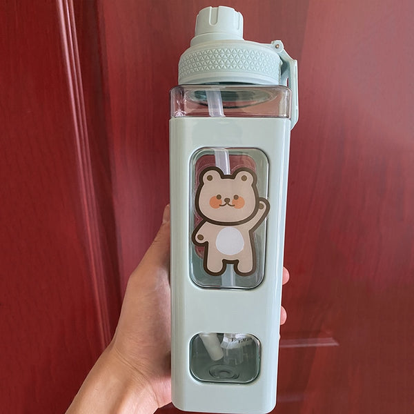 Bear Pastel Water Bottle With 3D Sticker 700ml/900ml Travel Tea Juice Milk Portable Cute Shaker Drink Bottle Gift - Shopsteria