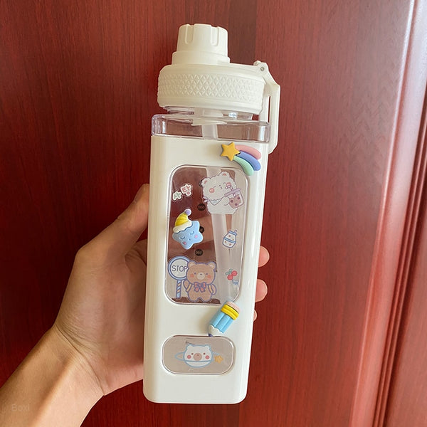 Bear Pastel Water Bottle With 3D Sticker 700ml/900ml Travel Tea Juice Milk Portable Cute Shaker Drink Bottle Gift - Shopsteria
