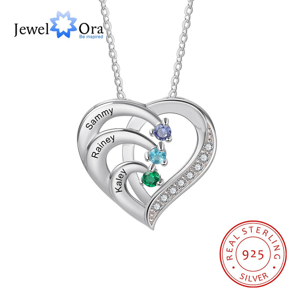 JewelOra Personalized Heart Necklace with Family Name and Birthstone