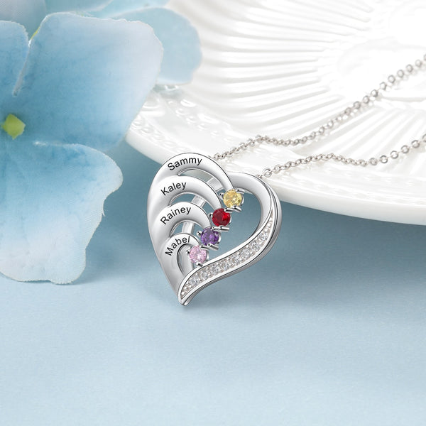 JewelOra Personalized Heart Necklace with Family Name and Birthstone