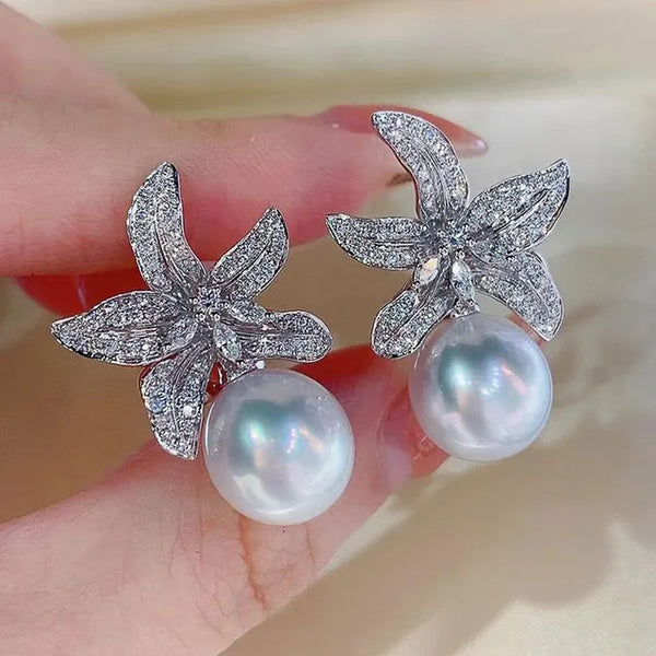 Elegant Floral Pearl Earrings for Women – Luxurious CZ Stone